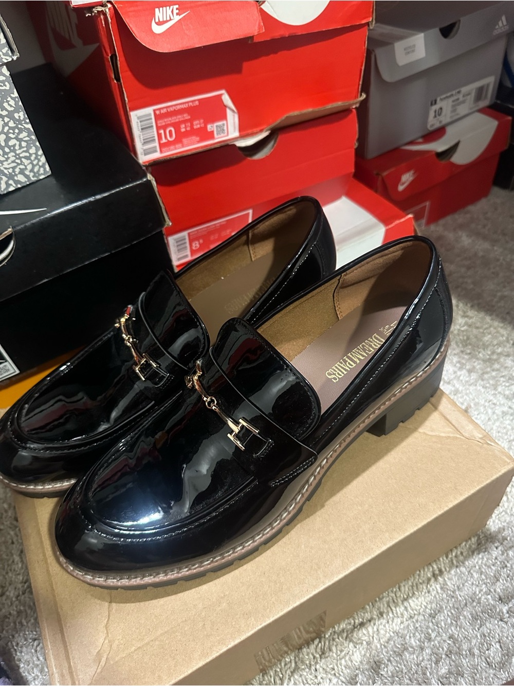 Women's Black Patent Loafers with Gold Bit Accent - Comfortable Chic